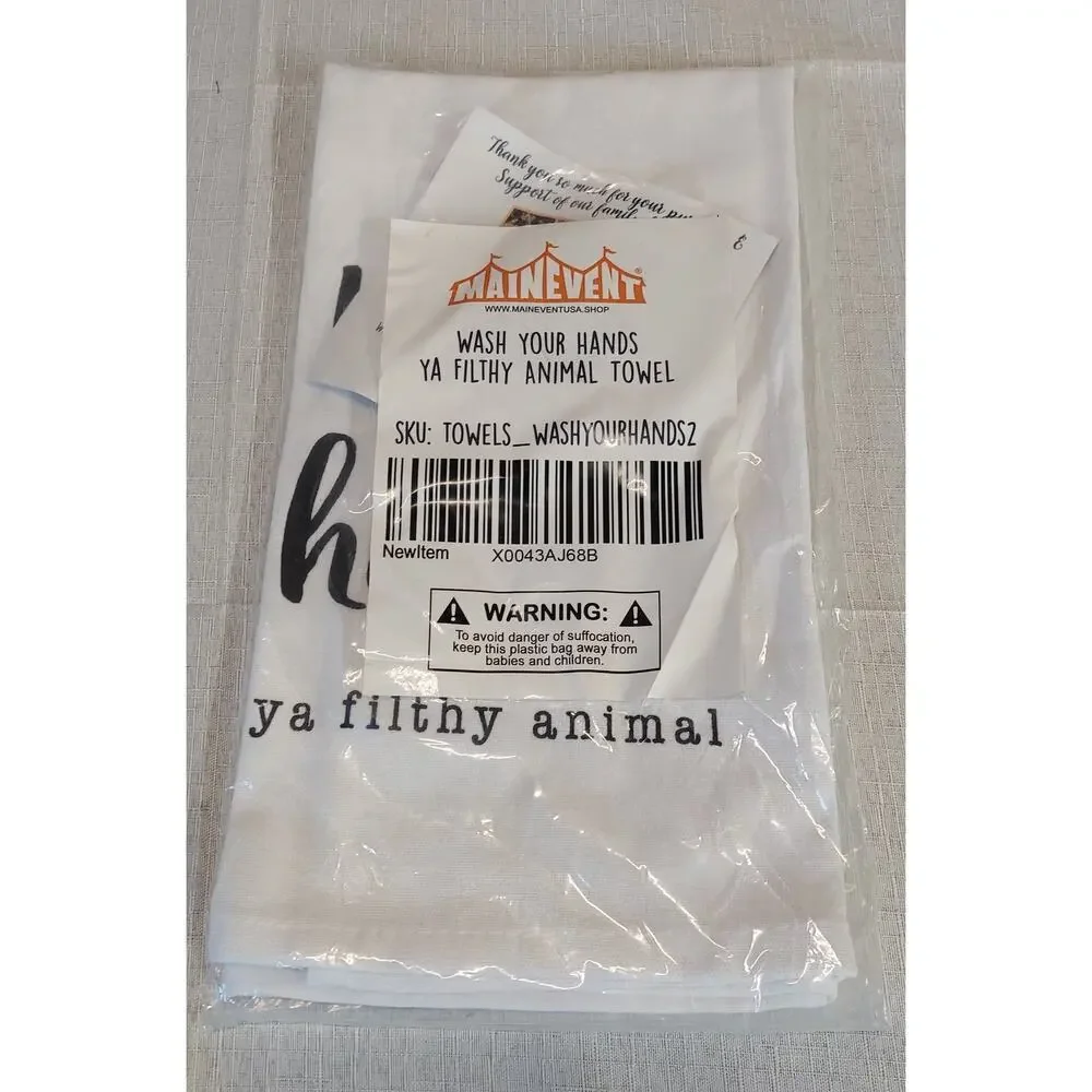 Main Event Wash Your Hands Ya Filthy Animal Kitchen Dish Towel New White Black